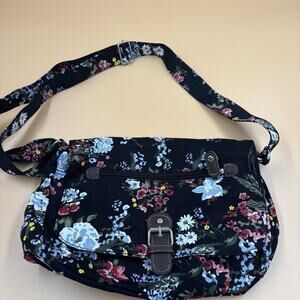 Black Floral Canvas Crossbody Messenger Bag | Brown Leather Accents | Boho Cotta